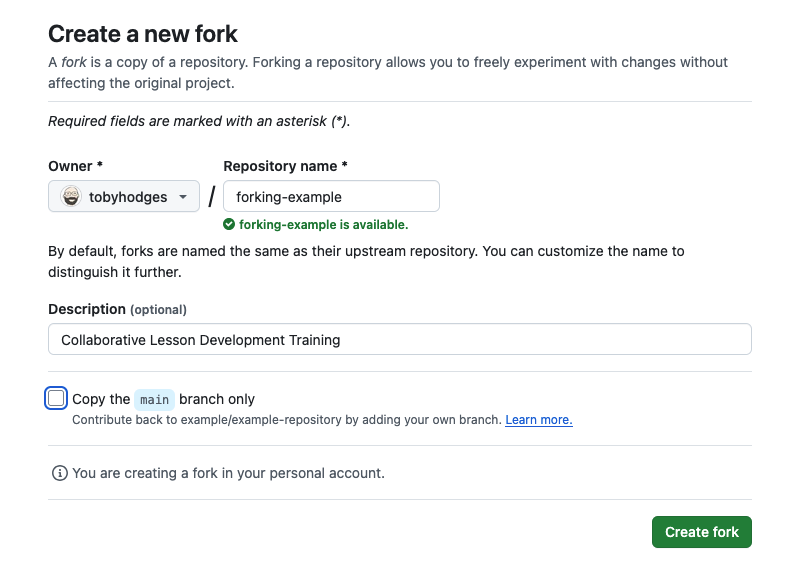 The form presented when forking an existing repository on GitHub, with the "Copy the main branch only" box unchecked.